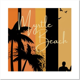 myrtle beach palm tree surfer design Posters and Art